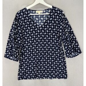 Michael Kors Women's Sz M Blue & White‎ Paisley Prints Peek A Boo Sleeve Blouse